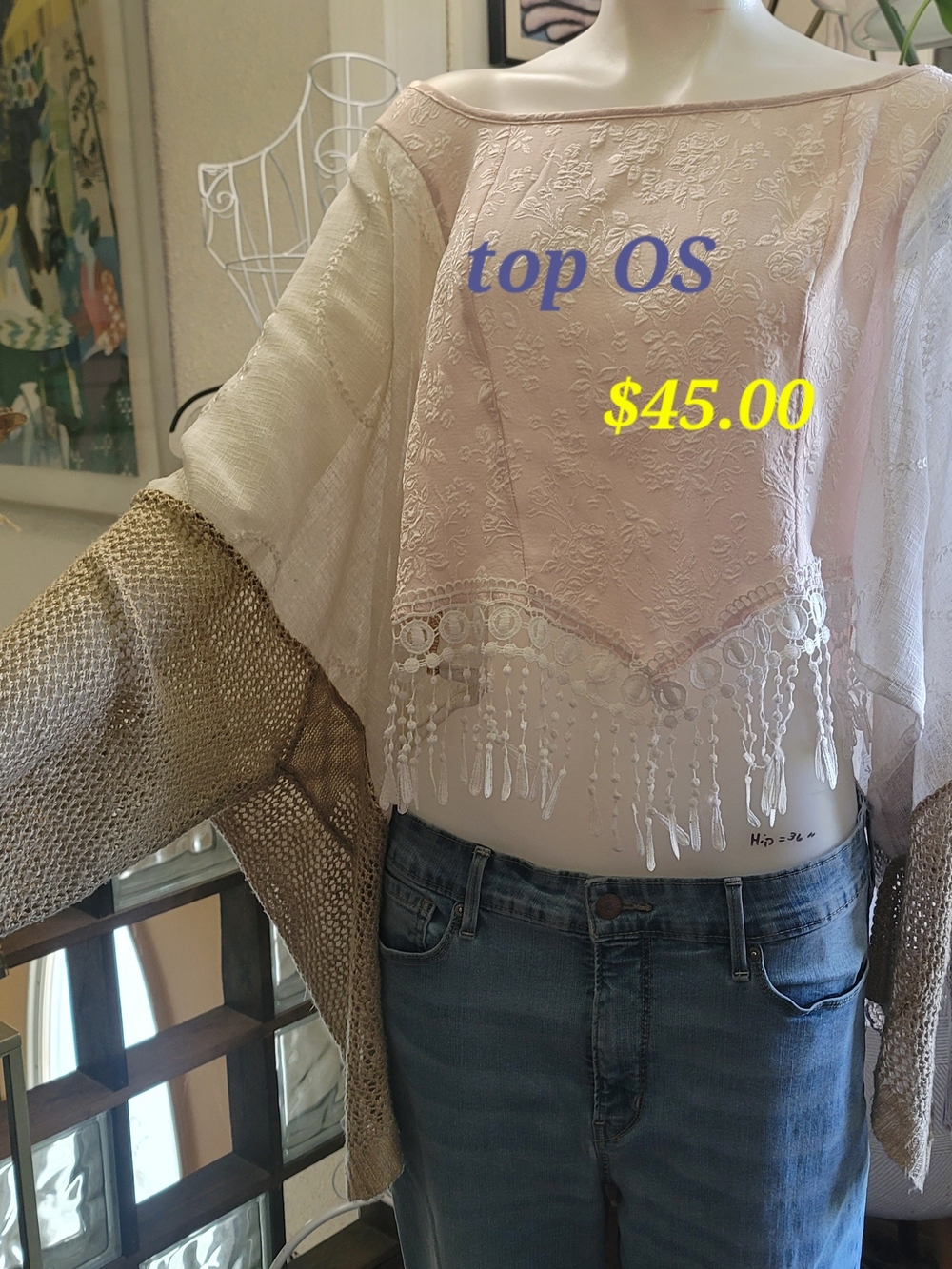 THE MORGAN FACTORY - OOAK Boho Lace Fringe Off-Shoulder Pink Top